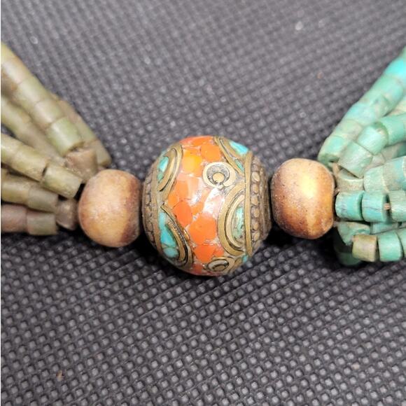 Traditional Moroccan Berber Beaded Necklace with Turquoise and Coral Accents - Picture 8 of 10